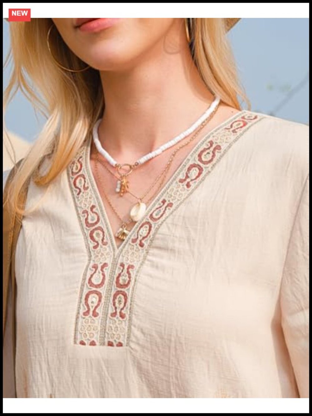 Boho 3/4 Bell Sleeve Embroidered V-Neck Tunic Blouse Gold Trim Dressy Casual - Picture 4 of 6